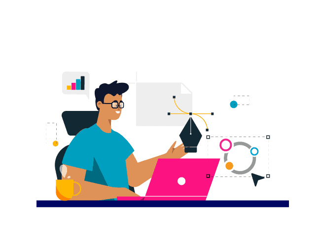 cartoon of a man with glasses at a desk with laptop
