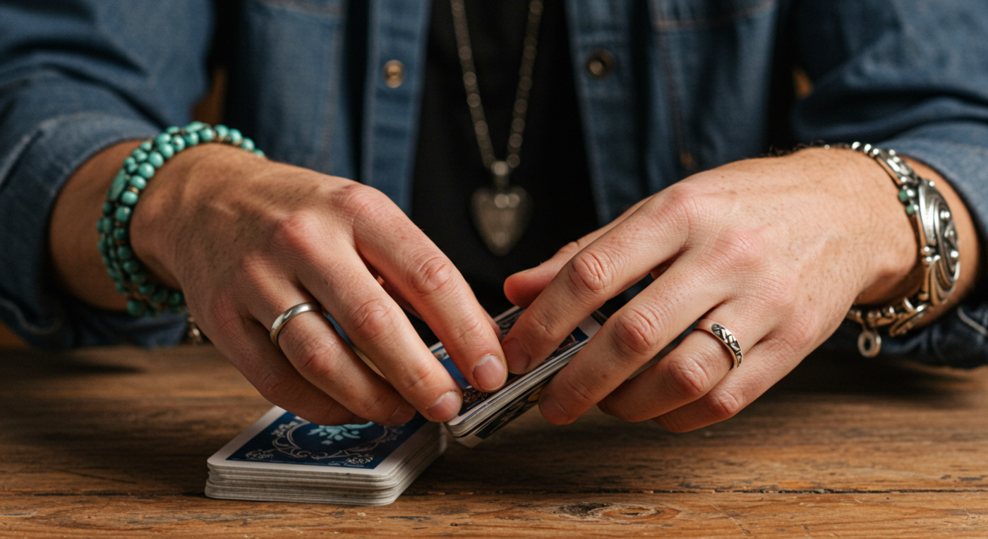 a pair of hands with a deck of cards showing how to shuffle cards
