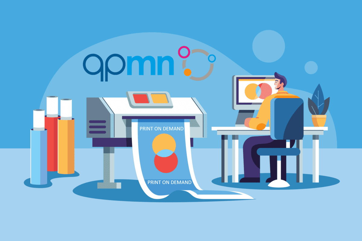 QPMN logo in the background with printer and person by computer, cartoon style