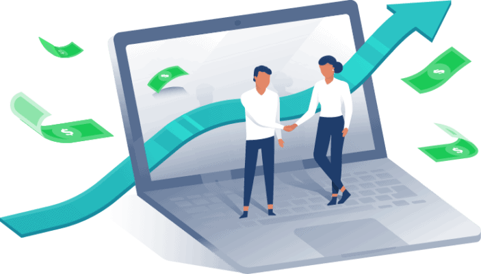 Two people shaking hands while standing on a laptop, symbolizing a rise in revenue.