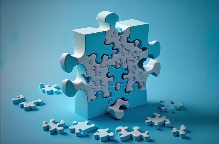 Large piece of jigsaw puzzle built with smaller pieces