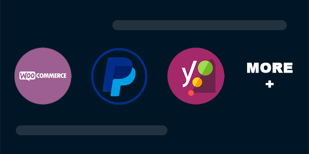three circular images showing woocommerce, paypal and yoast SEO app