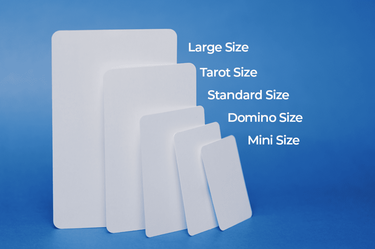 images with white cards that display different sizes, against a light blue background