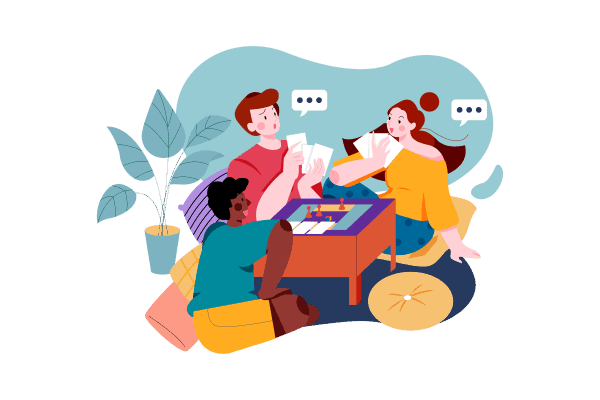 three cartoon drawn women chatting and playing cards