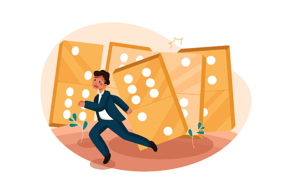 cartoon man running away from dominoes