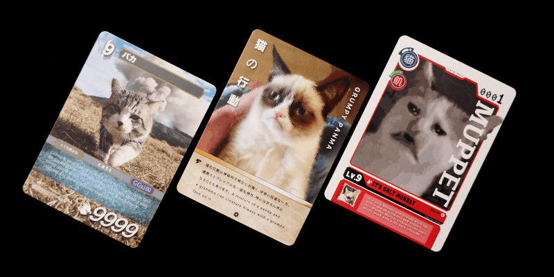 3 tilted to the right custom printed trading cards with the center showing a catw