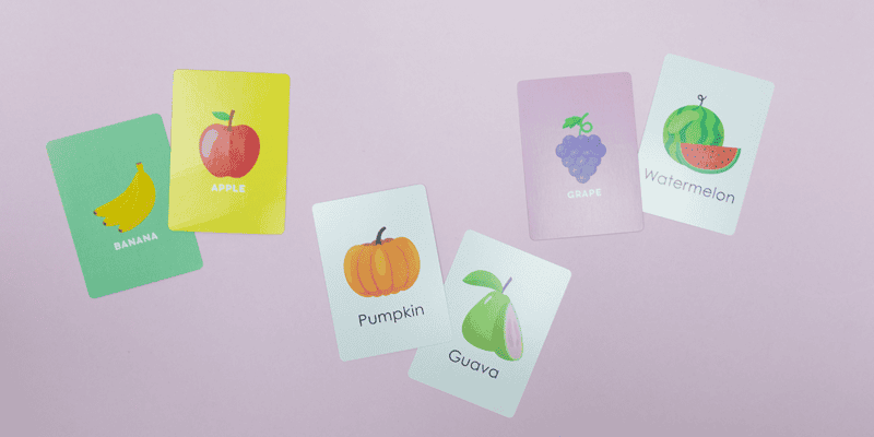 several custom printed cards with fruits and their English names beneath the image