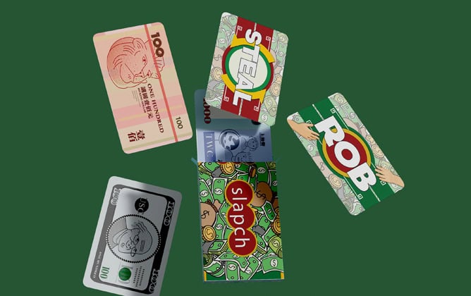 5 different custom printed cards with unique designs on each of them against a green background