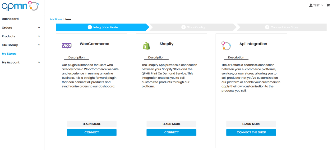 screen shot of QPMN on board process displaying options for woocommerce, shopify and api integration