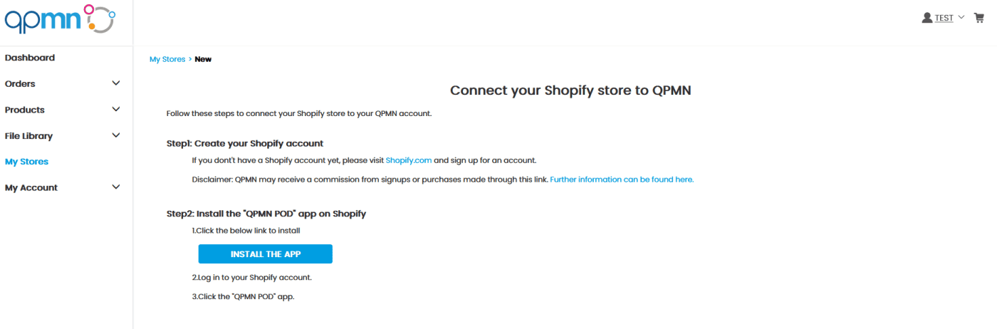 printscreen of QPMN onboarding process which has instructions to connect shopify store to QPMN