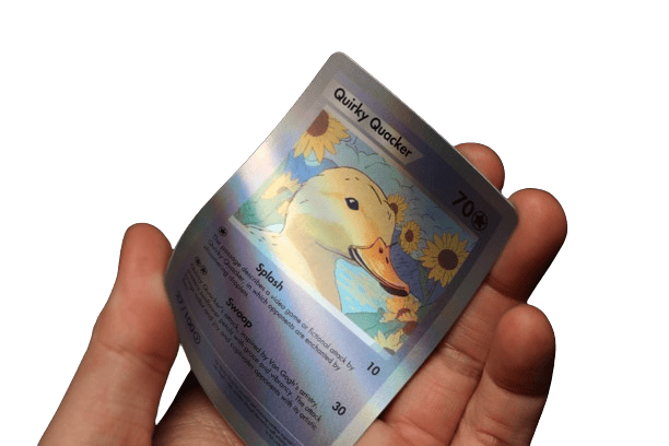 hand holding a custom printed holographic card
