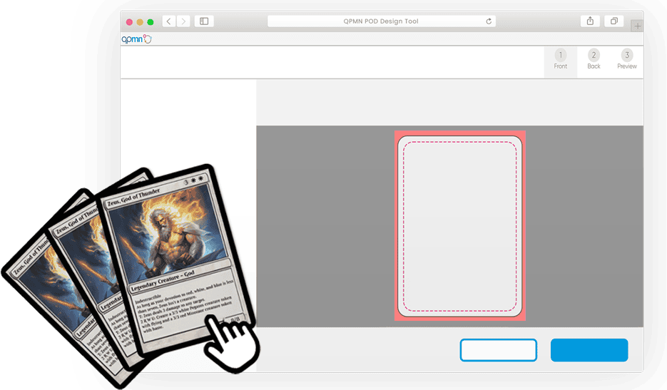 screencap of QPMD POD Design tool with trading cards next to it