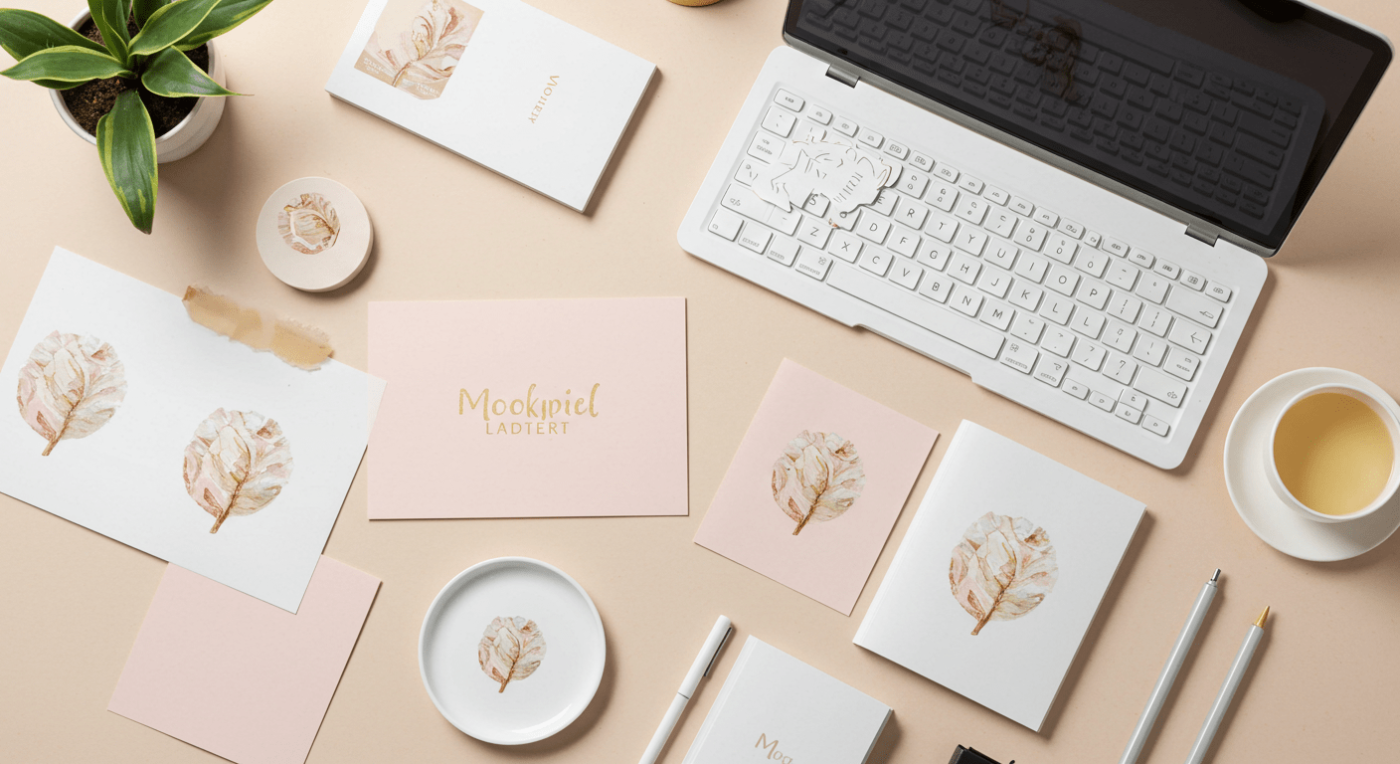 Elegant workspace with branded stationery, including cards, a booklet, and a potted plant, featuring leaf designs and soft pastel tones, alongside a laptop and tea cup.