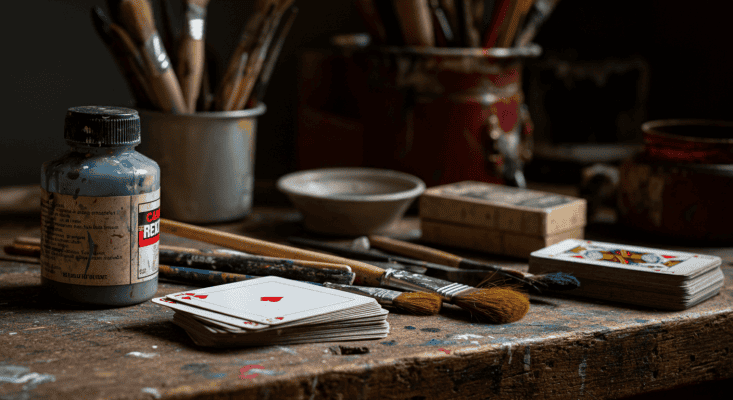 Different craft and tools on a table with a deck of playing cards