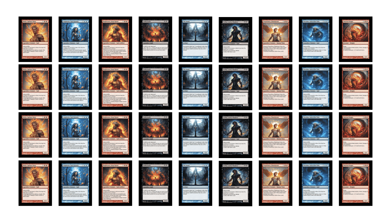 rows and columns of custom printed trading cards