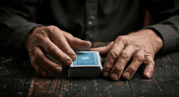 pair of hands on blue DIY playing cards