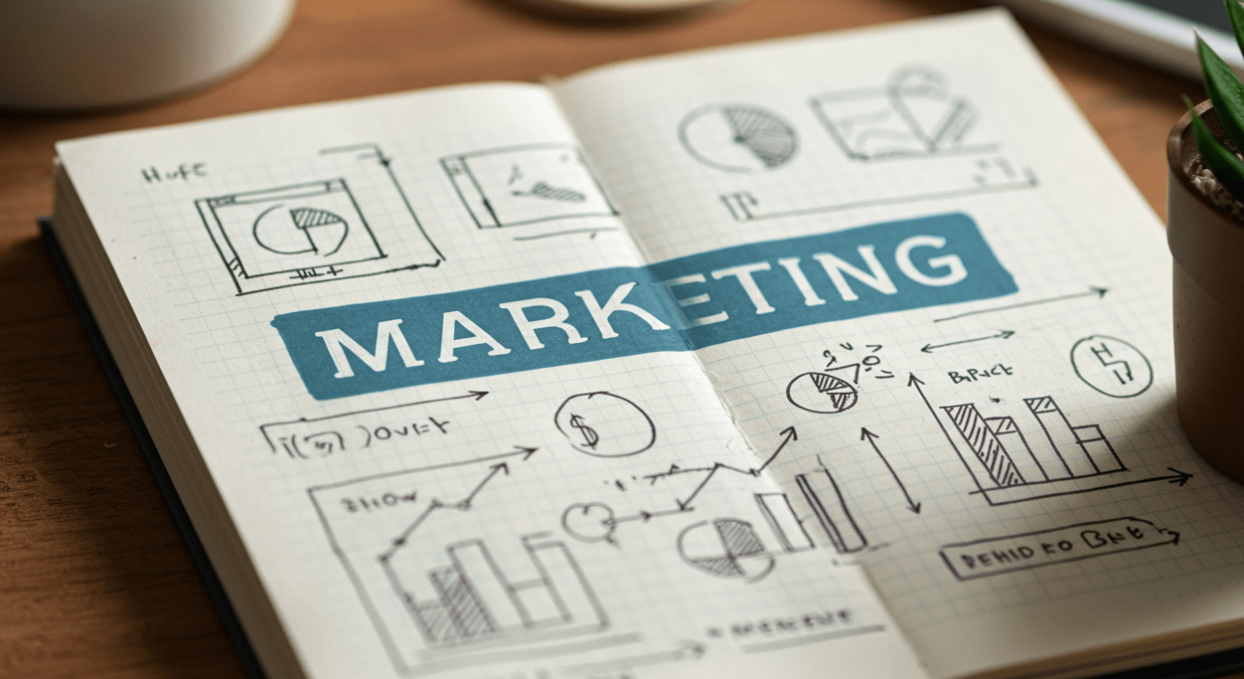 Open notebook with 'Marketing' in bold, surrounded by hand-drawn charts and diagrams on a wooden desk with a plant nearby