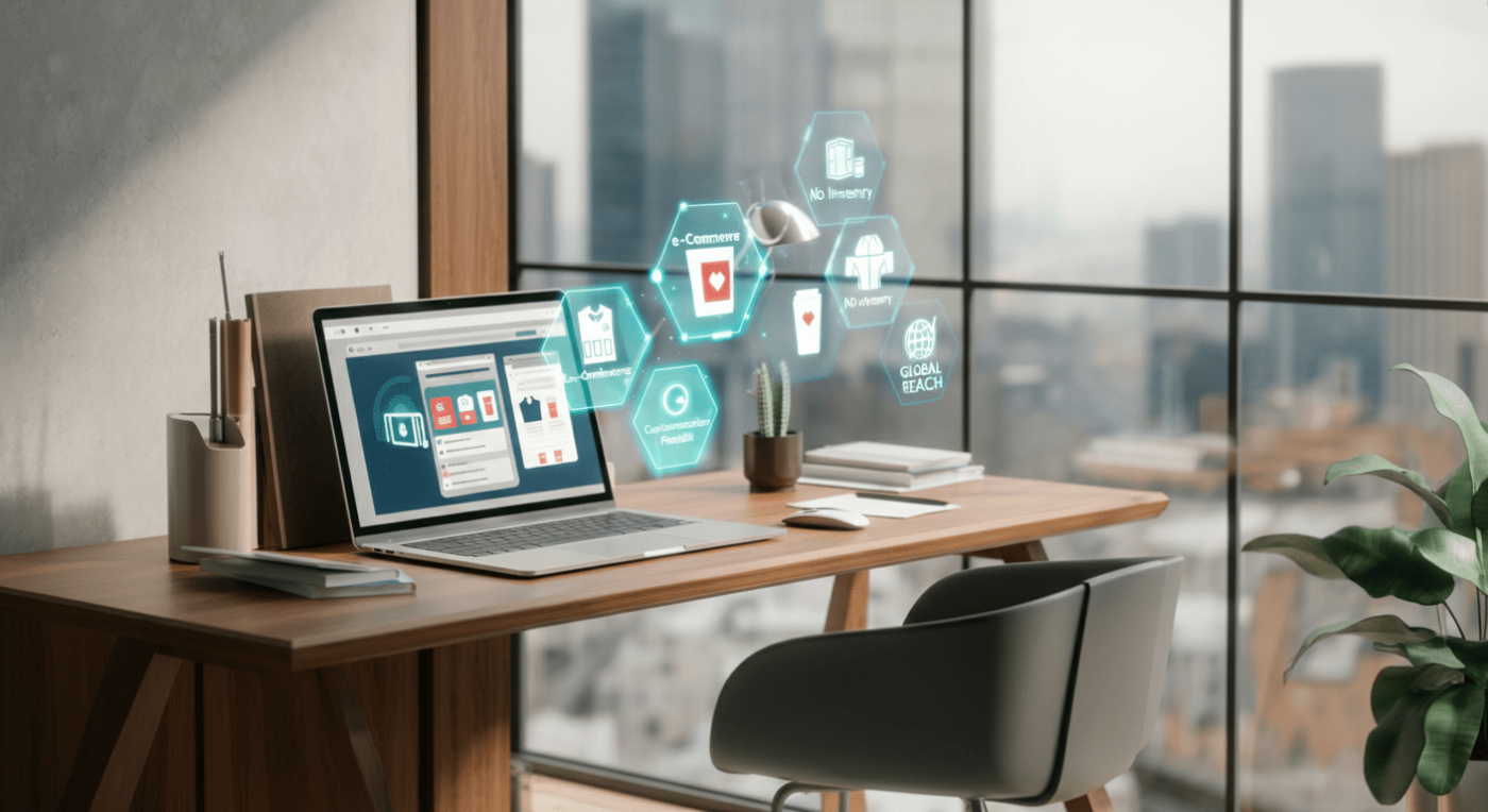 Modern workspace with a laptop displaying e-commerce interface, surrounded by floating hexagonal icons highlighting benefits like global reach and customization.