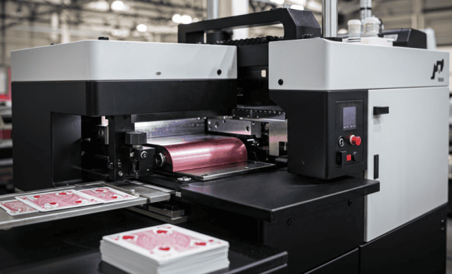 modern printer with red playing cards