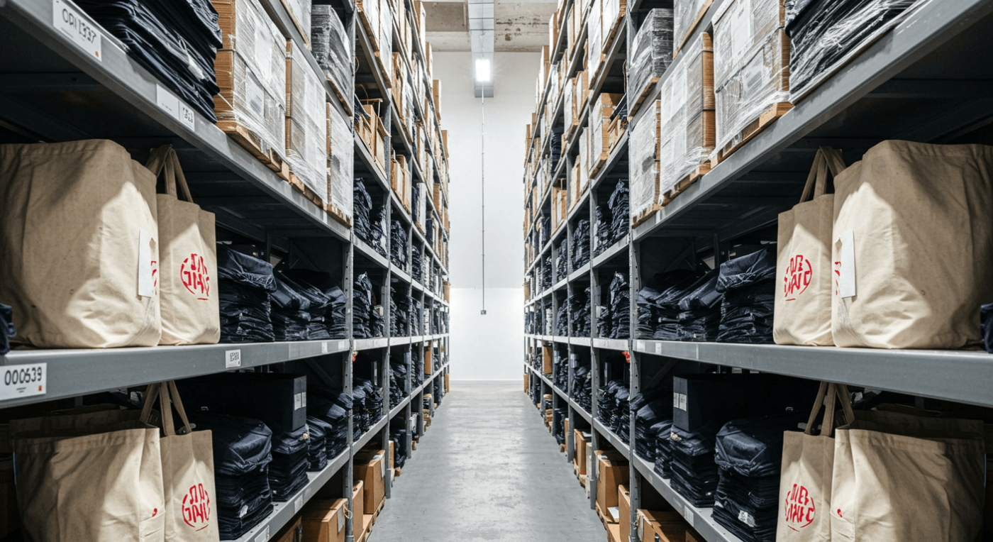 Organized warehouse aisle with shelves holding tote bags, folded fabrics, and cardboard boxes, showcasing a clean and efficient storage environment.
