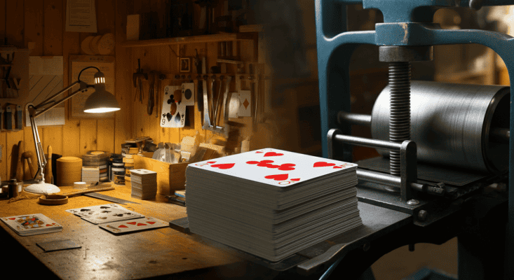 old bench with craft tools and modern printer with playing card