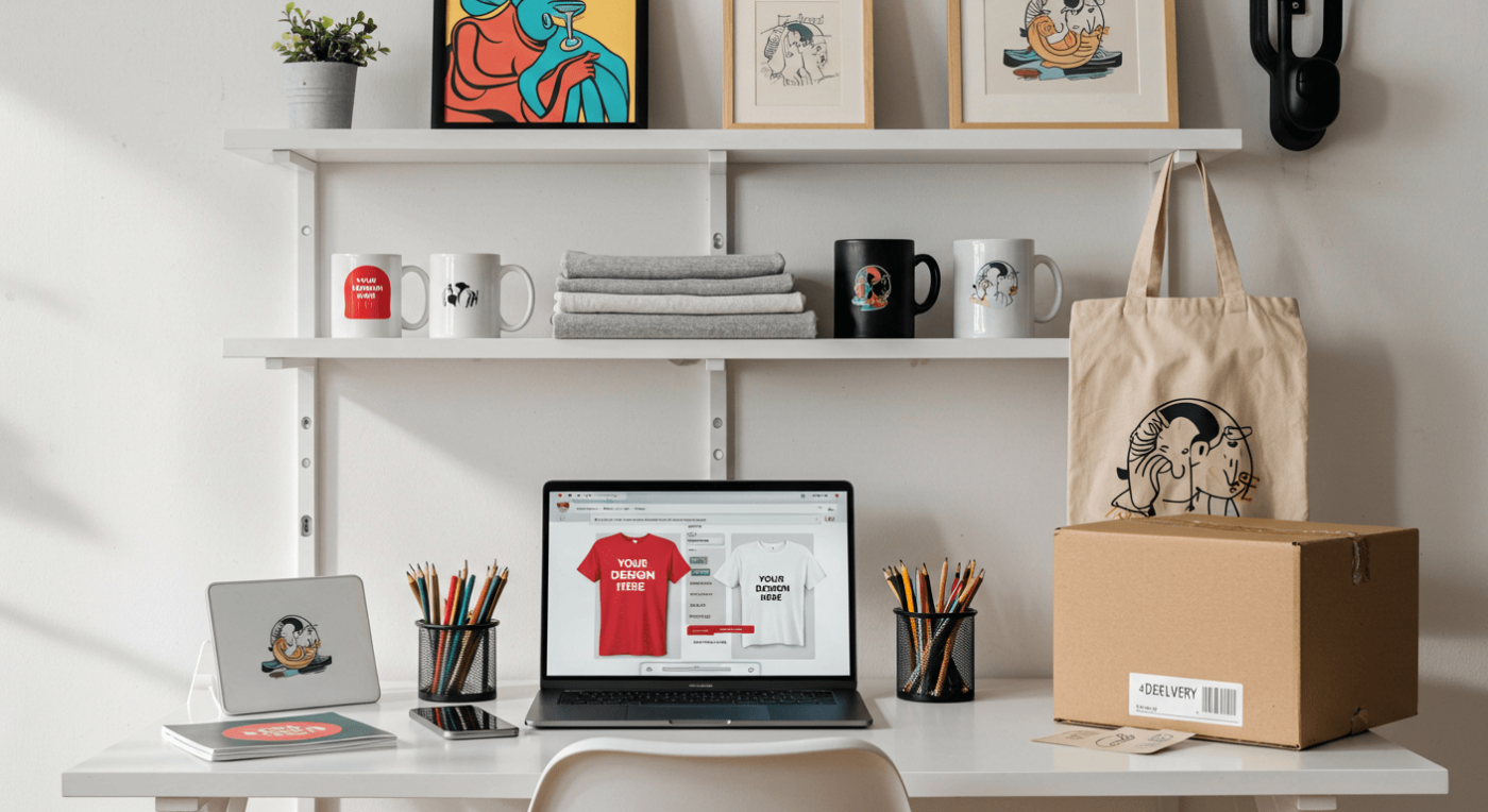 Workspace showcasing customizable products like mugs, t-shirts, and tote bags with 'Your Design Here' displayed, alongside a laptop with a design interface and a cardboard delivery box.