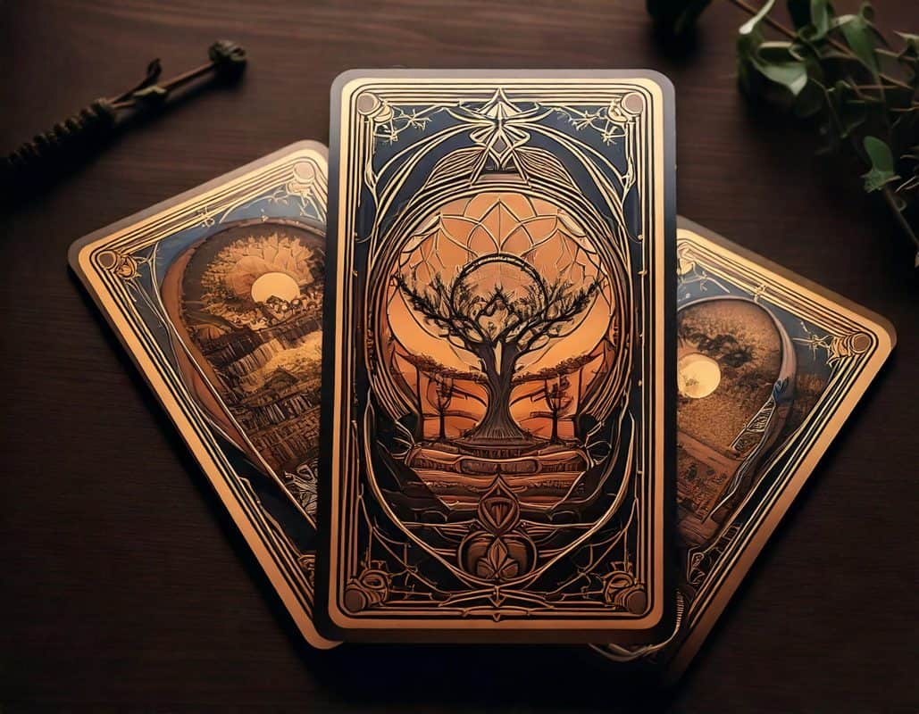 three custom design tarot cards with wood theme