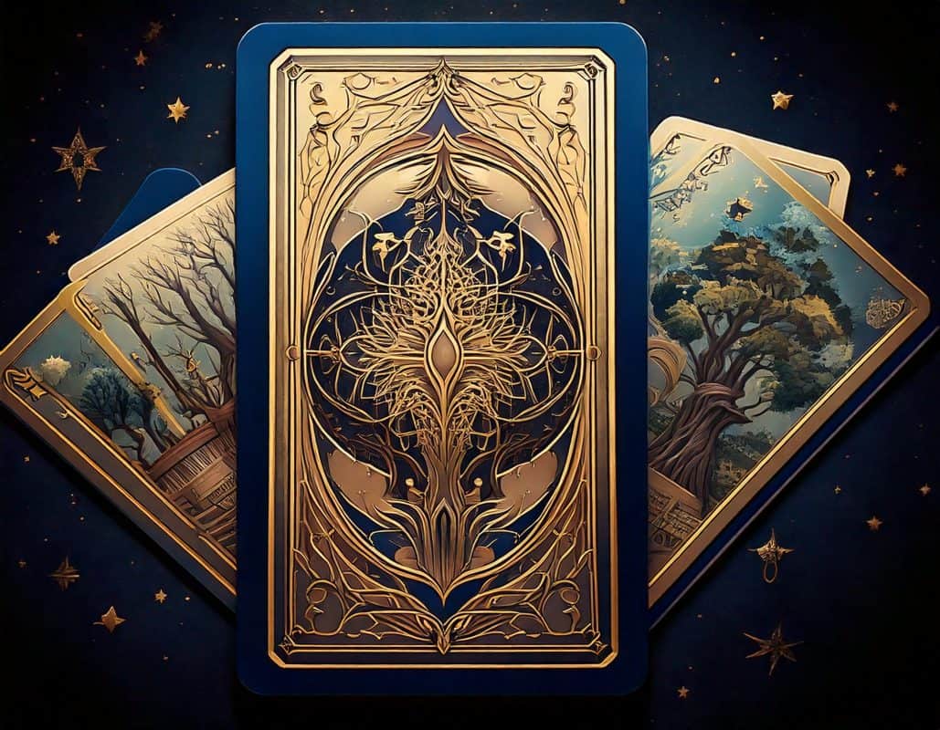 three custom designed tarot cards with nature theme