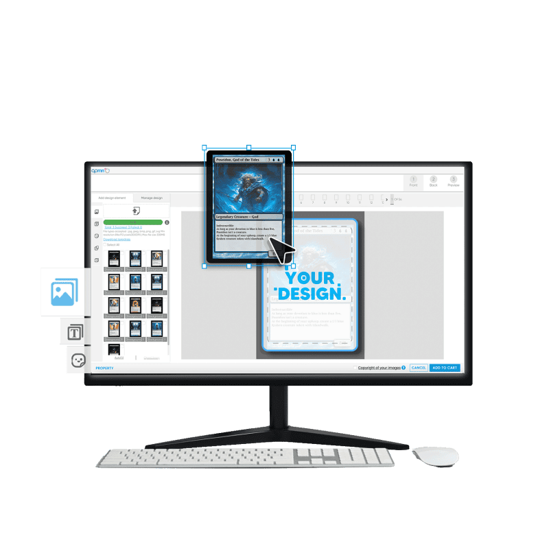 monitor showing trading cards on a print on demand software