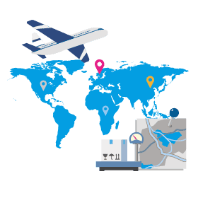 global map with aeroplane and ship