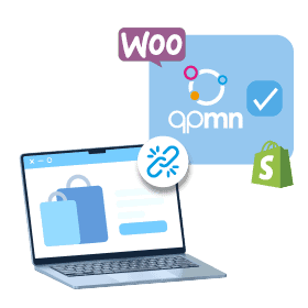 laptop with a link image next to qpmn logo with woocommerce and shopify logo