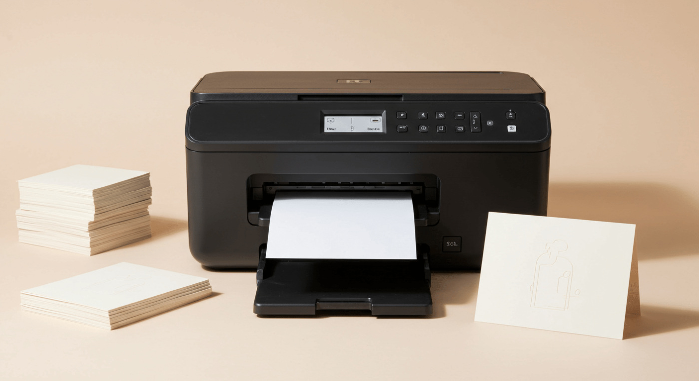 printer on a desk with black card stocks