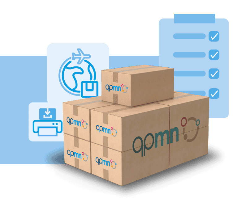 QPMN a print on demand service boxes with icons in the background
