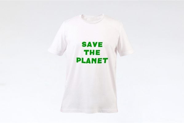 white t shirt with the text in green SAVE THE PLANET
