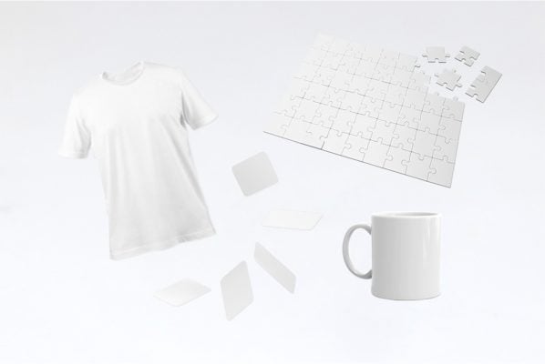 white products of white t shirt, puzzles and mugs representing blank print on demand products