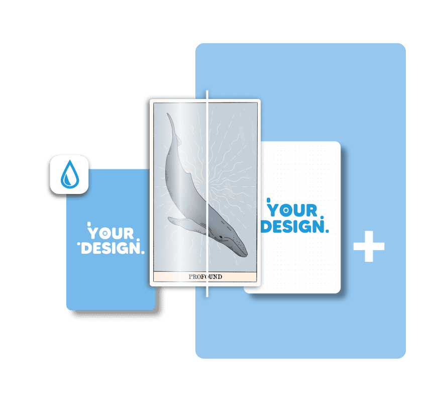 a glossy card with dolphin design in the middle with blank your design cards next to it