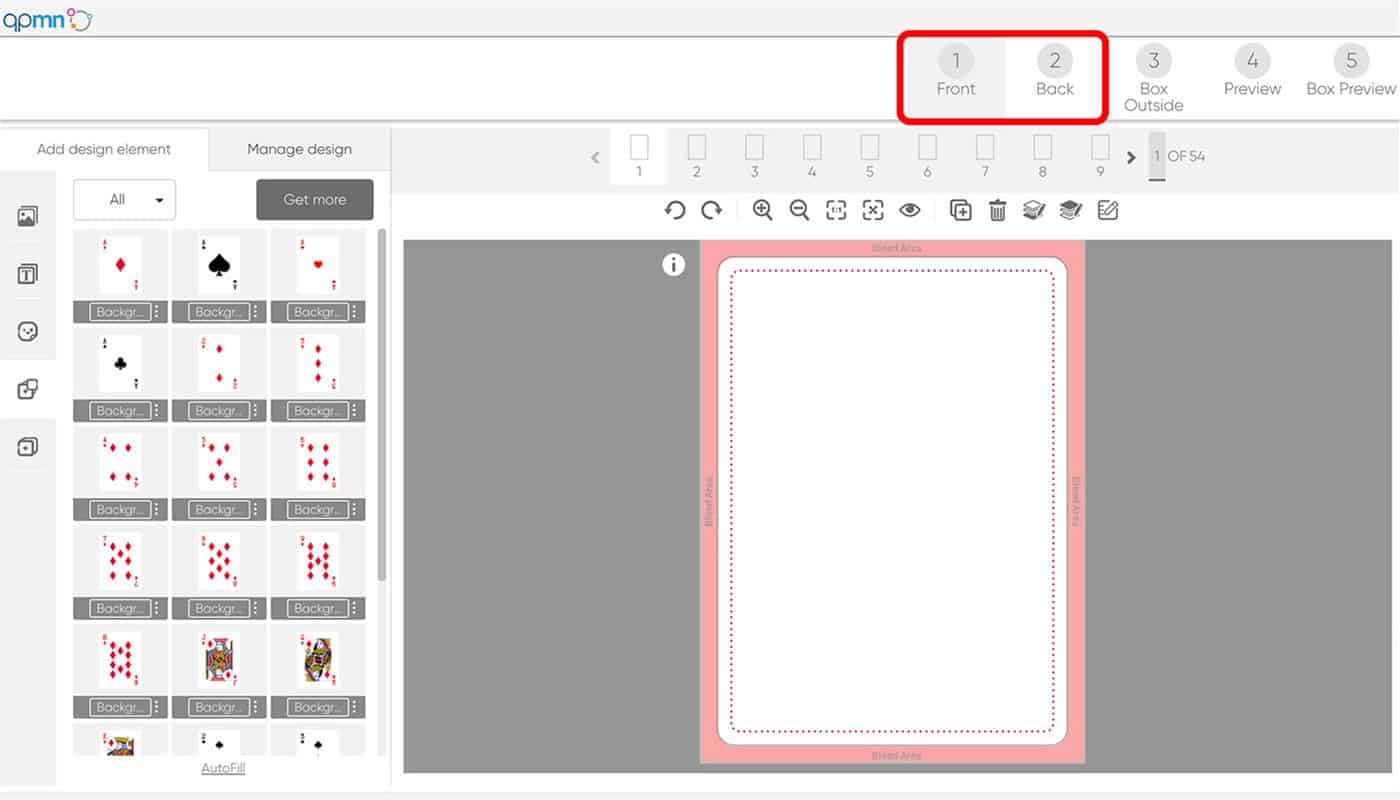 screenshot of the deign page with buttons highlighted