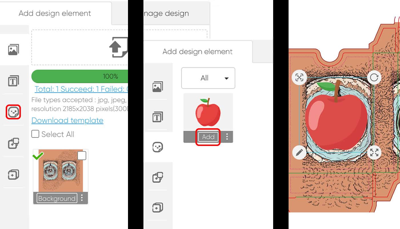 screenshot of qpmn design tool showing how to add stickers