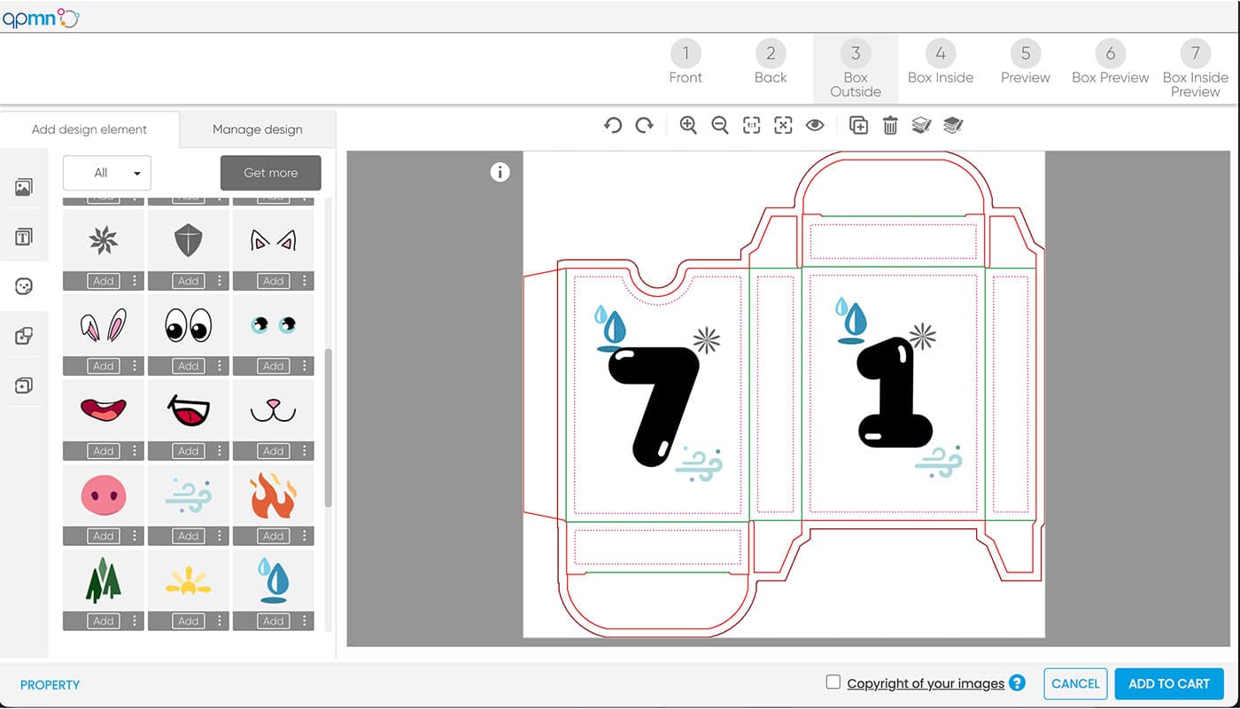 screenshot of qpmn design tool with design on custom tuck box template