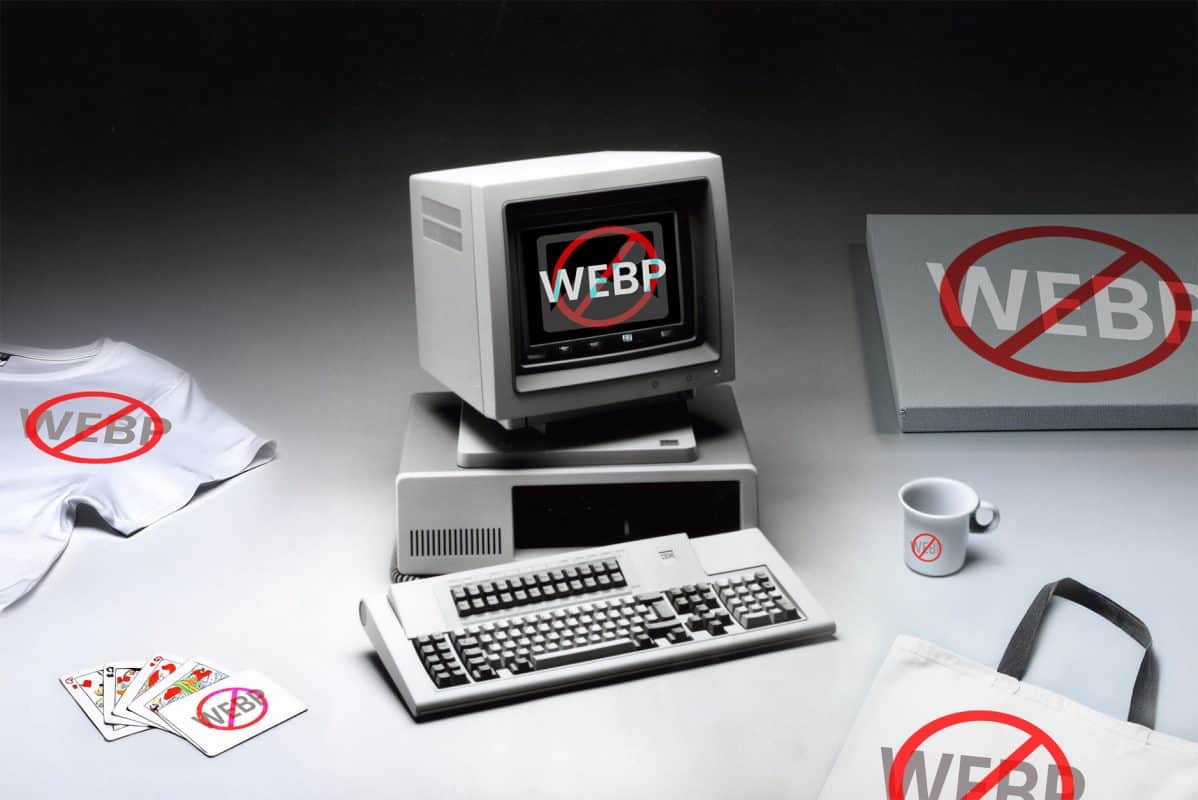 computer with other print on demand items with the text webp behind a red cross
