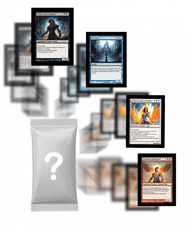 different trading cards flying out from booster pack