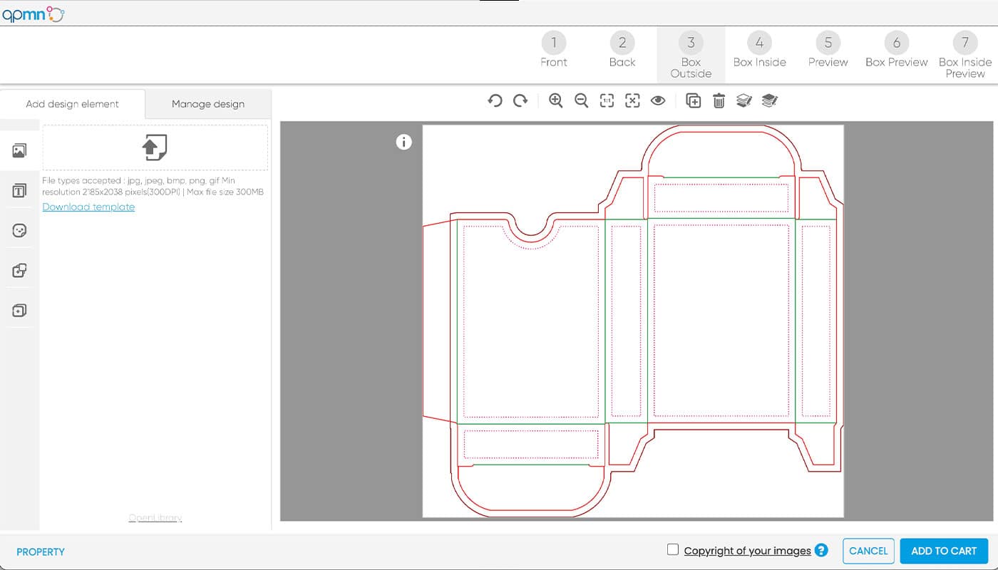 screenshot of qpmn design tool with custom tuck box design template