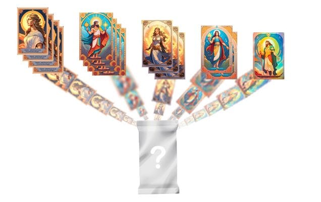 trading cards of different rarities going into booster pack