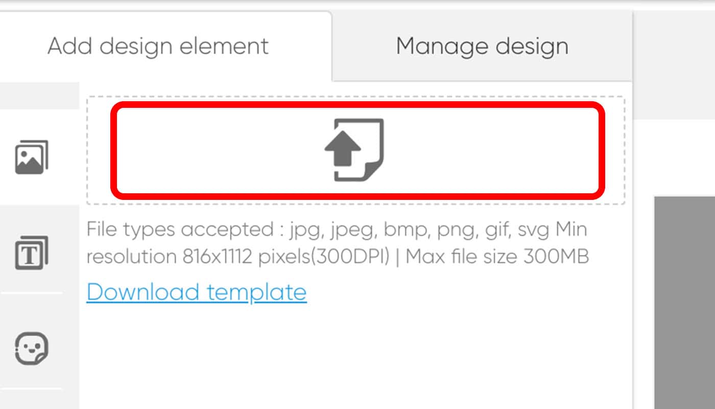 close up of upload button on card maker