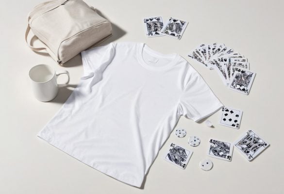 white t shirt laid down with card decks around it
