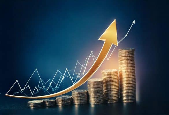 stacks of money with arrow pointing upwards