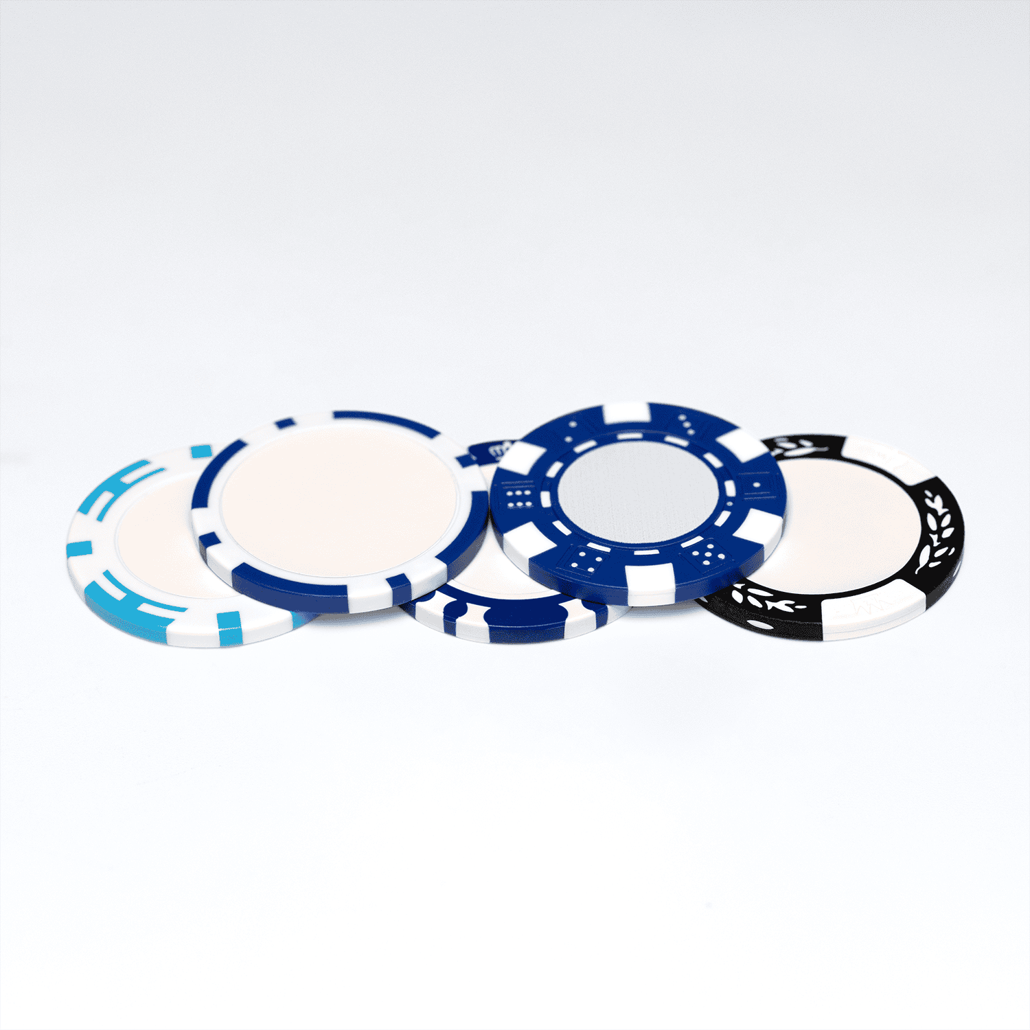 several custom poker chips stacked on each other