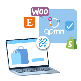 laptop with link icon connecting to qpmn logo and other ecommerce platforms
