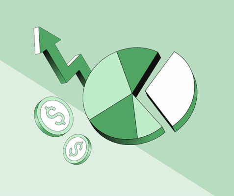 pie chart with dollar coins and arrow pointing upwards