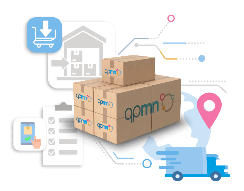 boxes with QPMN logo with truck and map pointed in the background